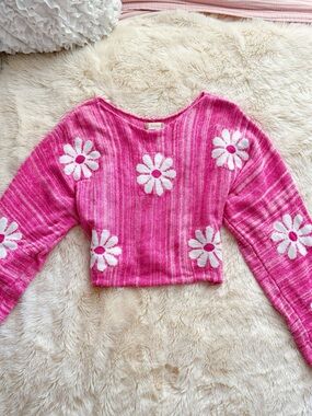 Altar'd State Bright Pink Daisy Knit Crop Sweater